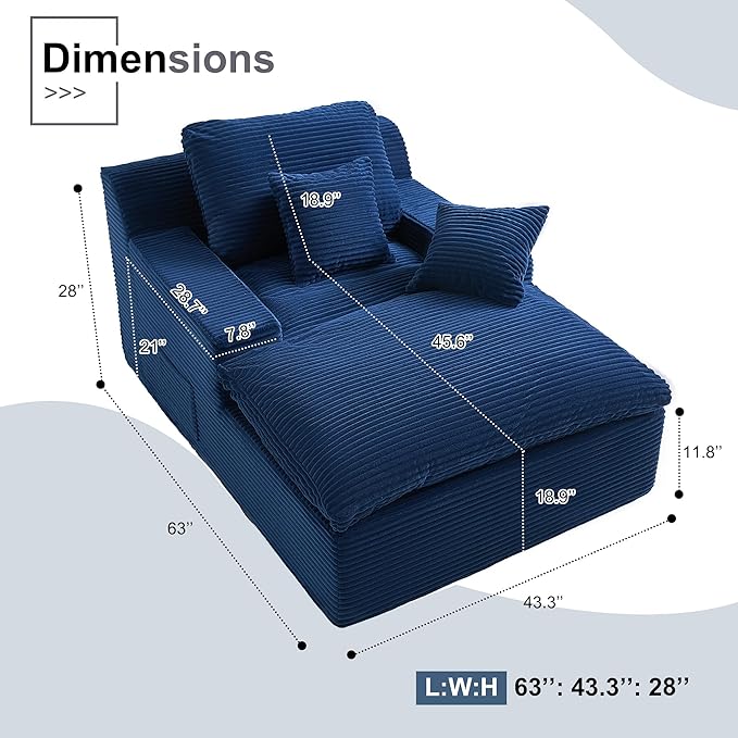 63" Oversized Chaise Lounge Chair Indoor, Extra Cloud Layer, Convertible Sleeper Sofa Couch with Removable Pillows & Side Pockets, Corduroy Upholstered Sofa Bed with Armrests for Living Room, Blue