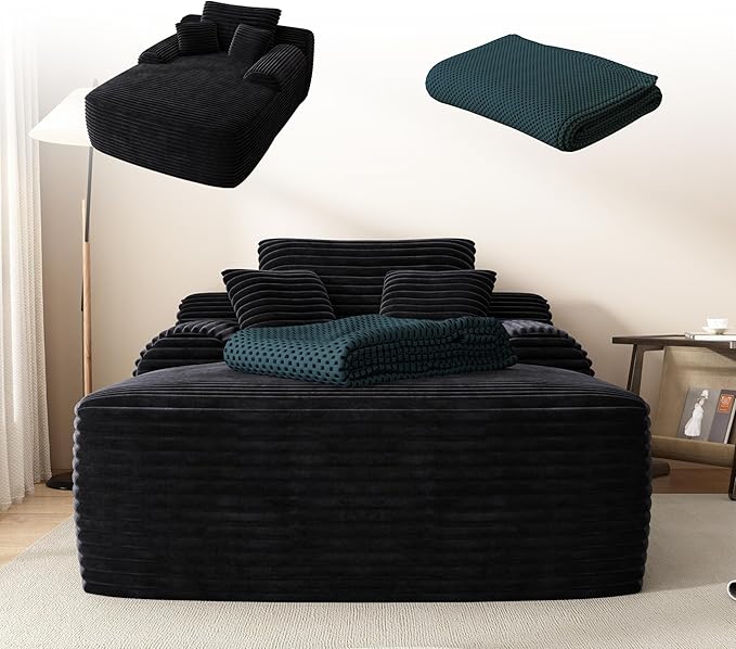 67" Oversized Chaise Lounge Chair with Cover, Comfy Sleeper Sofa Bed, Black Plush Corduory Couch for Living Room,Sofa in A Box,No Assembly Required (Breathable Blue Cover).