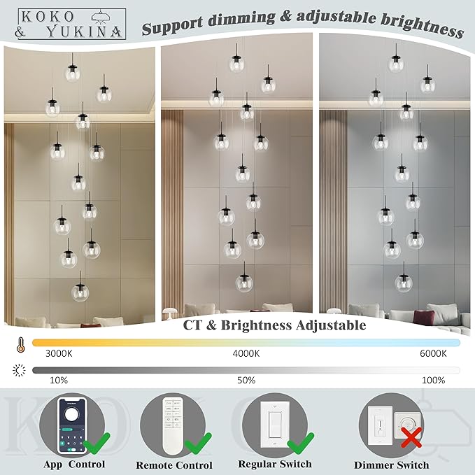 KoKo&Yukina 12-Light Black Mid Century Modern Chandelier for Living Room Staircase Chandelier for Entryway Clear Globe Glass Chandelier High Ceiling Chandeliers Foyer Entryway (Bulb & Remote Incl.)