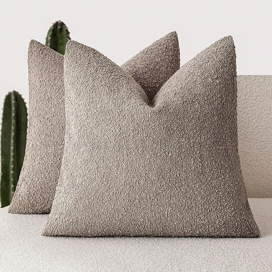 Foindtower Set of 2, Decorative Textured Boucle Throw Pillow Covers Accent Solid Pillow Cases Neutral Soft Cozy Couch Cushion Case for Chair Sofa Bedroom Living Room Home Decor 24x24 Inch Light Taupe