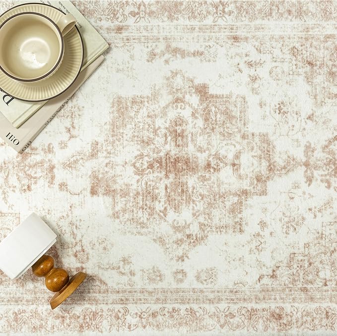 Runner Rug 3x7 Cream Hallway Washable Beige Carpet Non Slip Vintage Medallion Beige Carpet Low Pile Soft Distressed Retro Indoor Long Rug for Entryway Kitchen Bathroom Laundry Bedroom