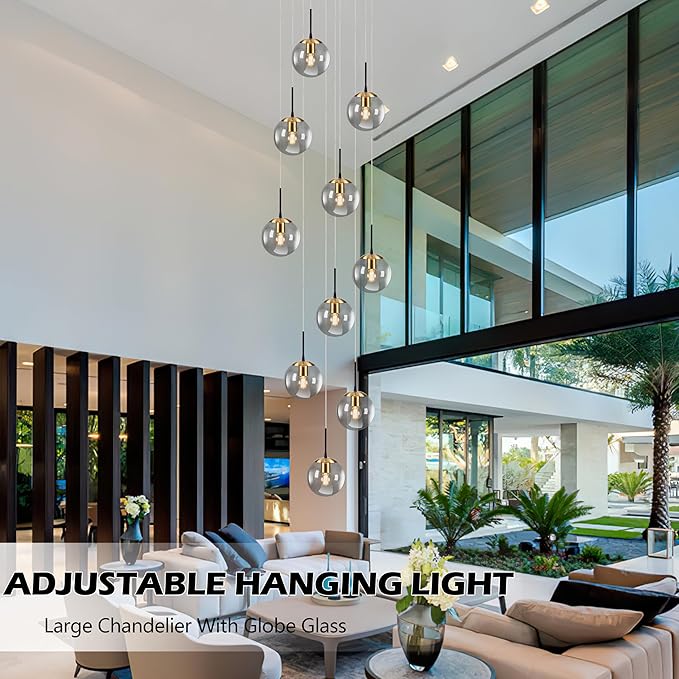 KoKo&Yukina Gold 10-Light Chandelier Modern Stairwell Lighting Adjustable Globe Cluster Lights with Grey Glass for Staircase