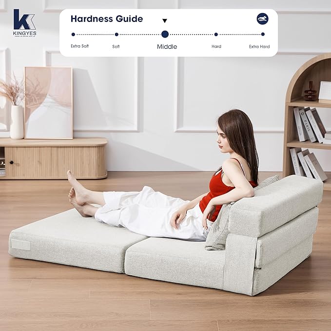 KINGYES 4 in 1 Foldable Sofa Bed, Modern Folding Sleep Chair with Back Cushion, Convertible Chair Sleeper, Beige