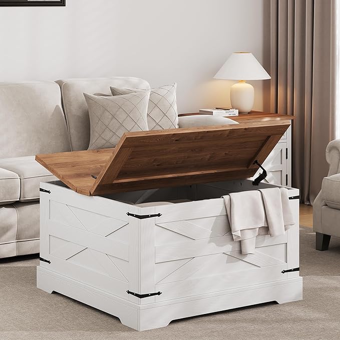 Farmhouse Coffee Table with Hidden Storage, White Square Coffee Table for Living Room, Wood Large Center Table with Hinged Lift Top for Home, Office