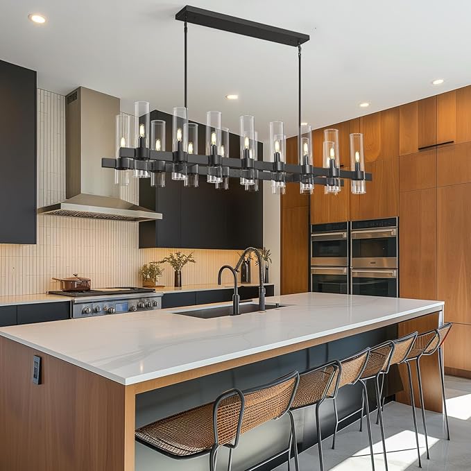 Modern Black Linear Chandelier for Dining Room, 54'' Rectangular Dining Chandeliers Over Dining Table 16 Light, Linear Chandelier Lighting Fixture with Glass over Kitchen Island, Includes Bulbs