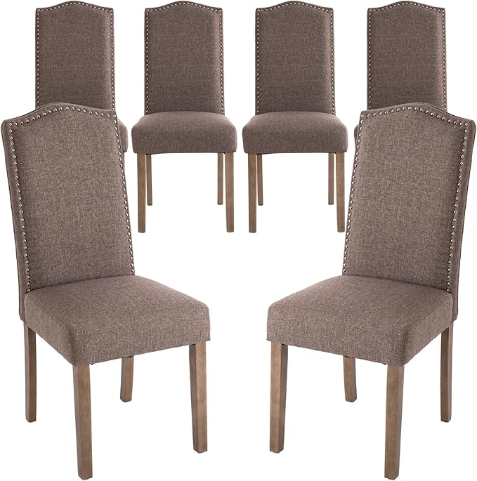 Stylish Upholstered Parsons Dining Chair Kitchen with Silver Nailhead Trim and Sturdy Solid Wood Legs