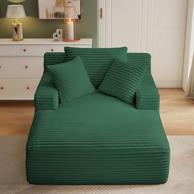 Boneless Couch Sofa Chiar Chaise Lounge Chair Indoor Upholstered Corduroy Couch Cloud Sleeper Sofa Oversized Reading Chair for Living Room No Assembly Required (Green, 50" W x 67" D)