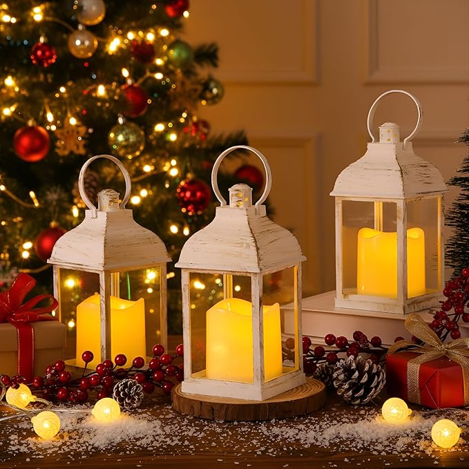 12 Set 10 Inch White Decorative Candle Lanterns Bulk Lanterns Centerpiece with LED Flameless Candle Indoor Outdoor Battery Powered Hanging Lights for Wedding Halloween Thanksgiving Christmas