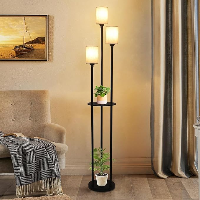 Floor Lamp with Shelves, Modern Floor Lamps for Living Room, 3-Lights Standing Lamp with Linen Shade and Foot Switch, Industrial Standing Lamps for Bedroom, Black Tall Table Lamp for Office
