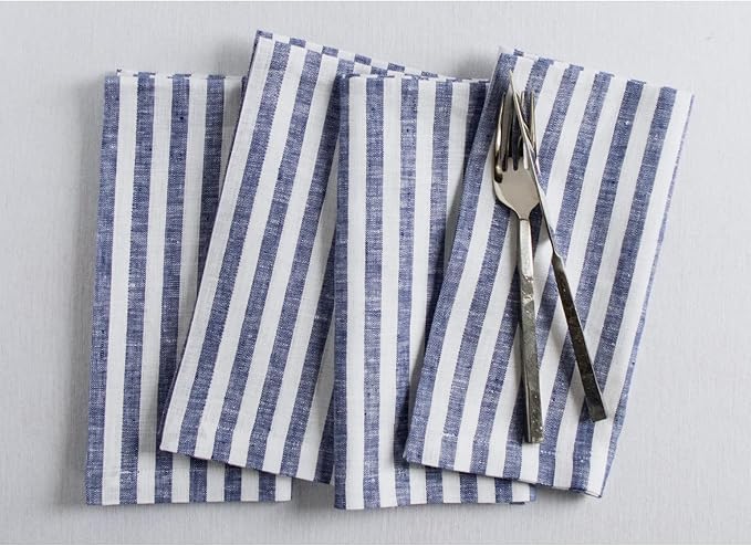 Solino Home Linen Napkins Set of 4-100% Pure Linen Amalfi Stripe Navy and White Cloth Dinner Napkins 20 x 20 Inch for Fall, Autumn, Thanksgiving, Christmas - Handcrafted and Machine Washable