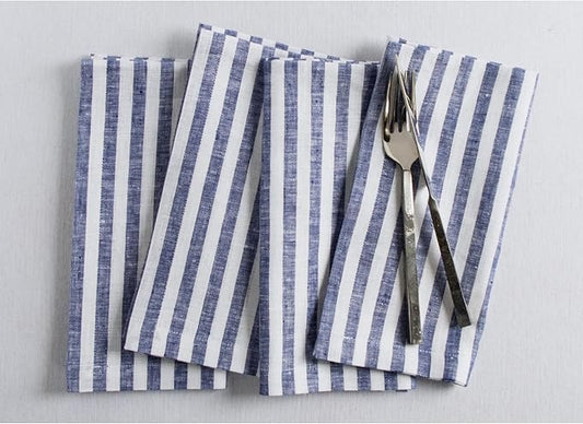 Solino Home Linen Napkins Set of 4-100% Pure Linen Amalfi Stripe Navy and White Cloth Dinner Napkins 20 x 20 Inch for Fall, Autumn, Thanksgiving, Christmas - Handcrafted and Machine Washable