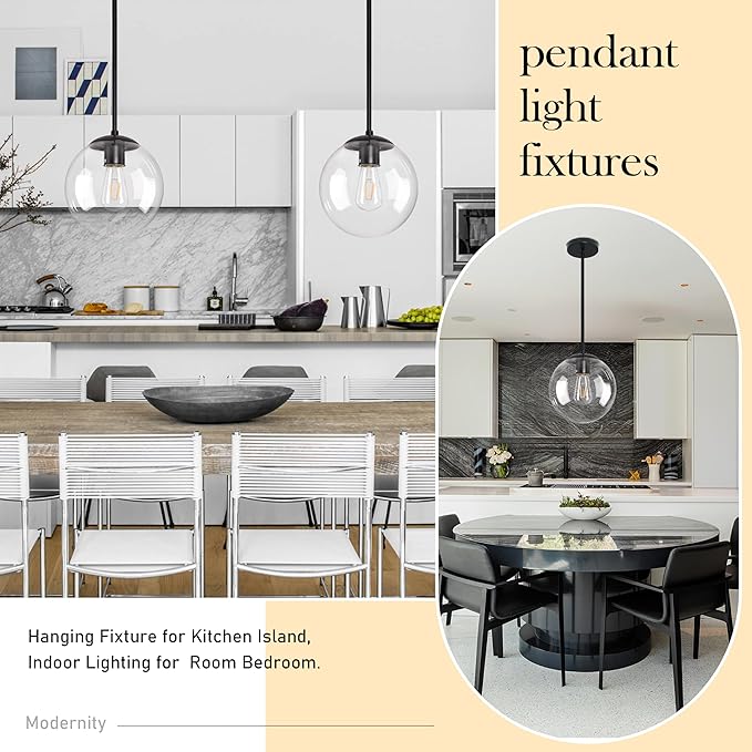10 Inch Globe Pendant Light Black Mid Century Pendant Light Contemporary Globe Pendant Lights Clear Glass Pendant Lights Adjustable Hanging Light Fixture Clear Glass with Black Finish for Dining Room
