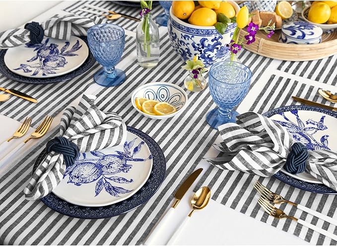 Solino Home Linen Placemats Set of 4 - Amalfi Stripe Black and White Placemats 14 x 19 Inch - 100% Pure Linen Place Mats for Fall, Autumn, Halloween, Thanksgiving
