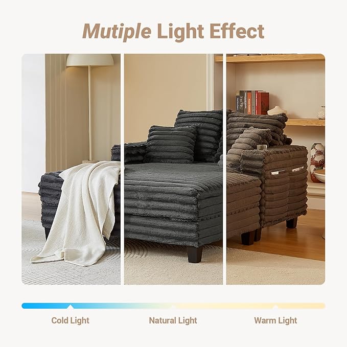 Chaise Lounge Chair Indoor, 64" Oversized Sleeper Chair with Wood Frame, Upholstered Sofa Bed for Living Room, Movie Room, Bedroom with 4 Storage Pockets&2 Cup Holders(Plush Corduroy, Grey)