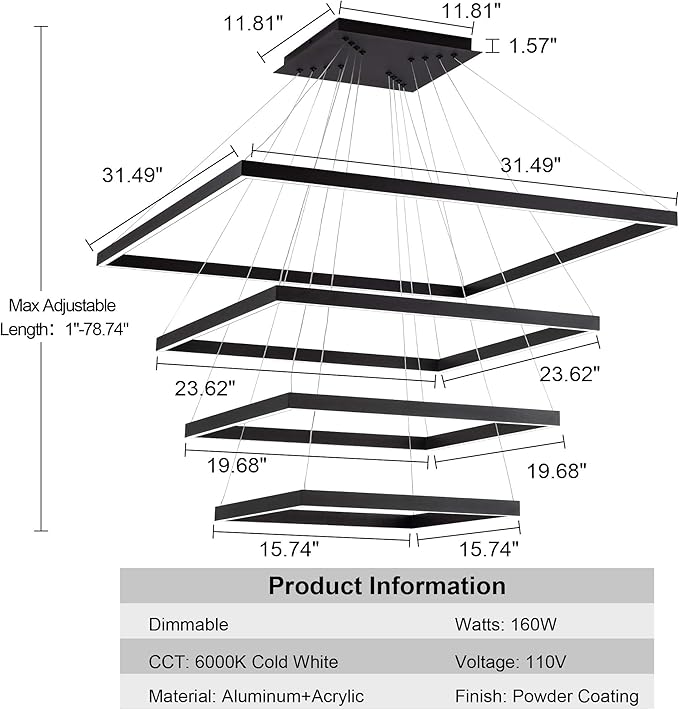 Square Led Chandelier Modern Hanging Light 4-Rings Contemporary Ceiling Pendant Light Dimmable Led Pendant Light for Living Room Kitchen Dining Room 15.7"+19.6"+23.6"+31.4" Black