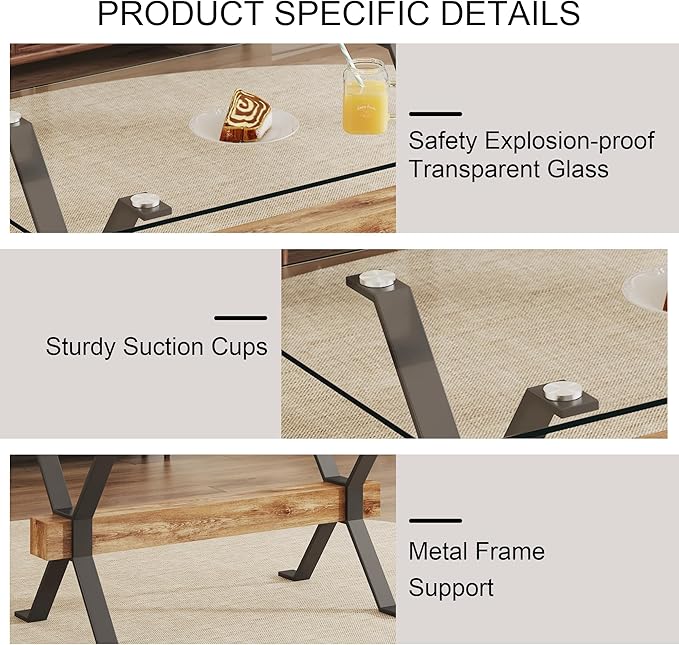 5 Piece Glass Dining Table Set, Kitchen Table Chairs Set for 4, 71'' Dining Table with 0.4" Tempered Glass Tabletop with Plated Metal Legs and MDF Crossbar, 4 Suede Chairs for Dining Room, Kitchen.