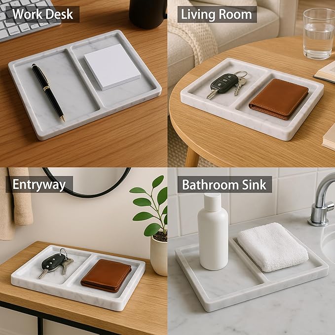 11.81"x7.87" Marble Decorative Tray with Dual Compartments – Catchall Organizer for Jewelry, Cosmetics, Soap – Polished Stone Dresser Vanity Tray for Bathroom, Entryway, Office – Calacatta White