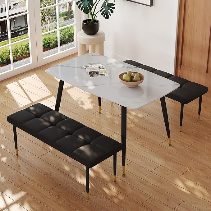 Modern Dining Table Set for 4 Marble Kitchen Table Set with 2 Upholstered Benches 3-Piece Dining Room Sintered Stone Table and Bench Set for Breakfast Nook, Apartment(50" White Table+2Benches)