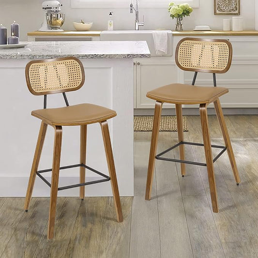 Counter Height Bar Stools Set of 2, Mid Century Modern Counter Stools, 26" Wood Kitchen Stool PU Leather Upholstered Barstool with Rattan Back, Counter Height Island Dining Bar Chair, Brown & Walnut