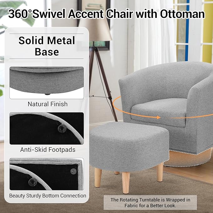 DAZONE Swivel Accent Chair, Modern Barrel Chair with Ottoman, Comfortable Living Room Chairs Upholstered Armchairs 360 Degree Swivel Round Club Tub Armchair for Bedroom Reading Room, Grey