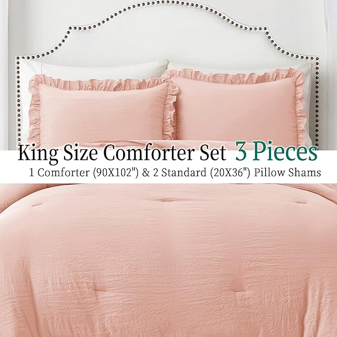 Bonlino Bedding Comforter Set King - 3 Pieces Farmhouse Comforter Ruffle Boho Bed Comforter, Fluffy Soft Lightweight Bedding Chic Rustic Country Style for Home Bedroom Dorm (King, Blush Pink)