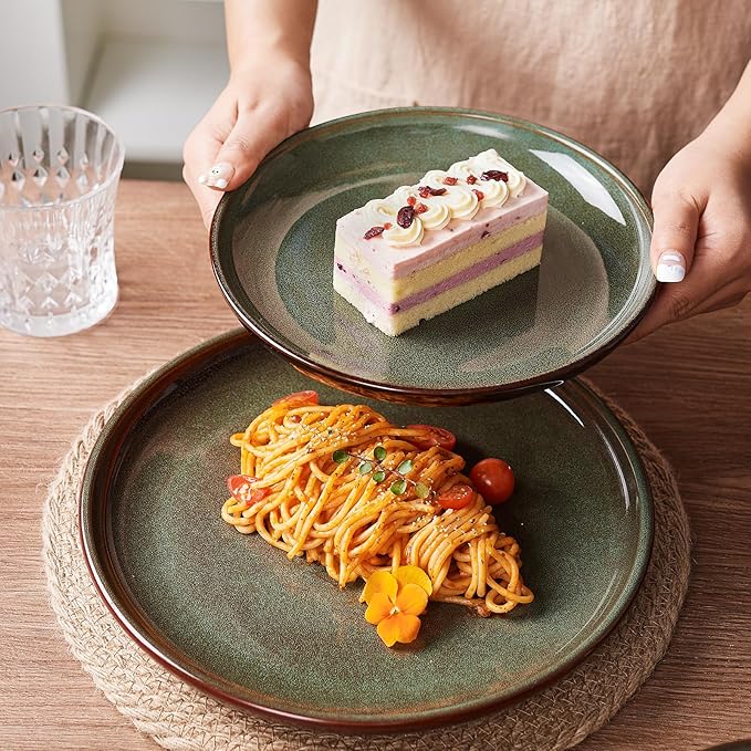 32 Piece Double Bowl Dinnerware Sets with Pasta Bowls, Highly Chip and Crack Resistant Plates and Bowls Sets, Natural Earthyware Ceramic Dishware Sets, Service for 8 Brown Green