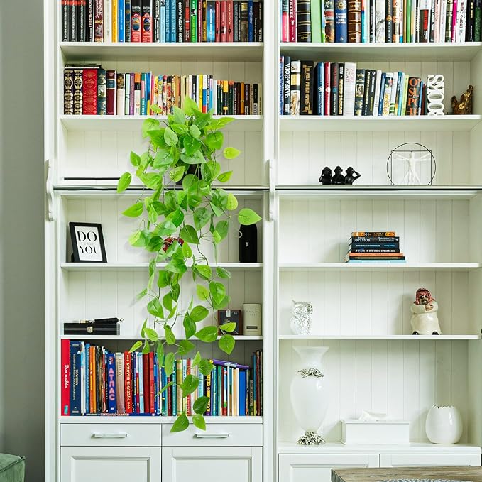 LOYWREE Small Fake Hanging Plant Artificial Potted Plants for Indoor Outdoor Aesthetic - 39in Realistic Faux Hanging Pothos with Ivy Vine for Shelf Decor in Home Office Gardens Greenery (Black Pot)