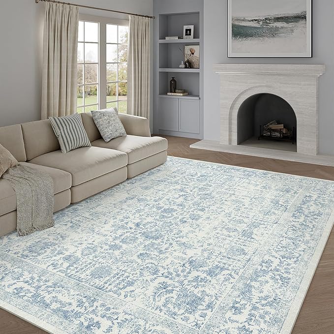 Blue Area Rug 10x12 Machine Washable Large Vintage Living Room Distressed Non Slip Carpet Traditional Indoor Bedroom Grey Retro Floral Accent Throw Rug for Office Kitchen Dining Room