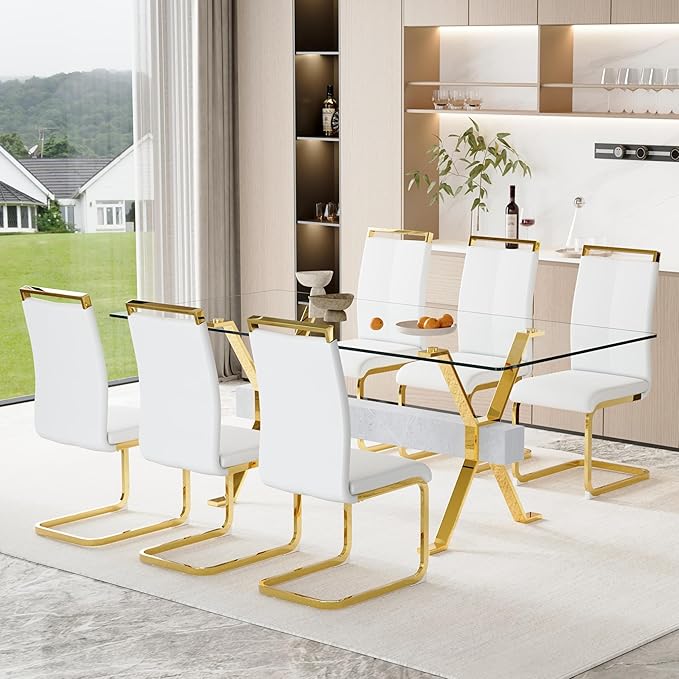 7 Piece Glass Dining Table Set, 79" Modern Dining Table Set for 6, 0.5" Thick Tempered Glass Tabletop with Silver Chrome Metal Legs and Grey Crossbar, 6 PU Chairs for Dining Room, Kitchen