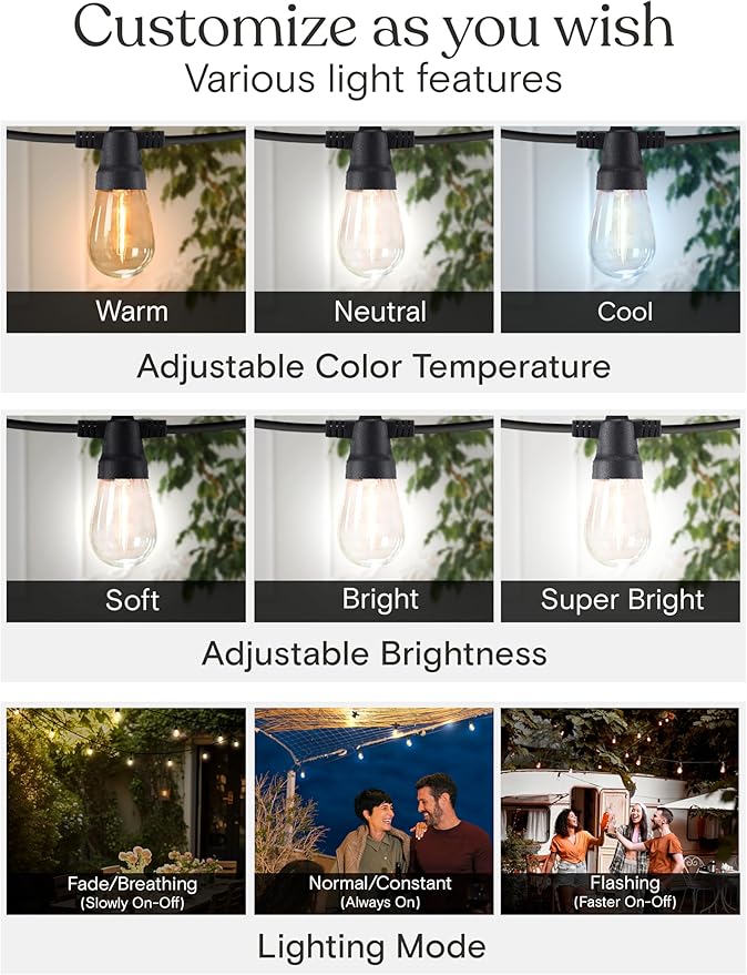 Brightech 104 (52x2) FT Ambience Pro Solar Powered Outdoor LED String Lights - Waterproof Remote Control Lights - 48 Bulbs, 7W Solar Powered Color Changing White Light for Camping, Patio, Garden