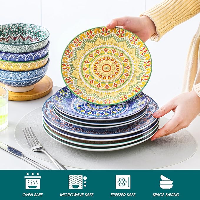 vancasso Mandala 12 Pieces Dinnerware Sets, Porcelain Dinner Set for 4, Boho Plates and Bowls Set, Colorful Dish Sets
