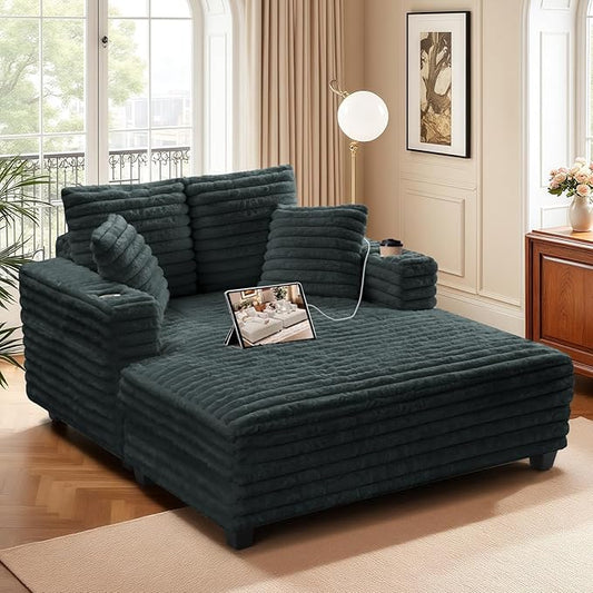 HUSFU 60'' Oversized Chaise Lounge Chair, Upholstered Sofa Bed, Sleeper Couch Reading Chairs with USB Port and Cup Holders,Comfy Cloud Sofas Couches for Living Room,Grey Blue