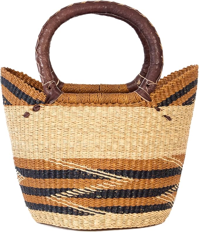 AYÉYA Handwoven African Basket – Winged Style – Wide Open Wicker Tote with Leather Handles – Unique Market or Foraging Basket – Handmade in Ghana