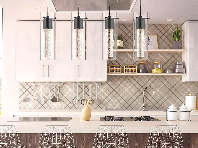 Alice 4-Light Chandelier Pendant Ceiling Light, Integrated Led and Bubble Glass, for Kitchen Island, Hallway, Entryway, Passway, Dining Room, Bedroom, Balcony Living Room (Black)