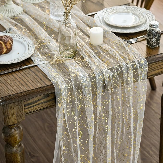 Artoid Mode Beige Gold Gauze Table Runner 120 Inch 10FT, Glitter Metallic Foil Sheer Dining Wedding Anniversary Holiday Birthday Table Decor for Home Party