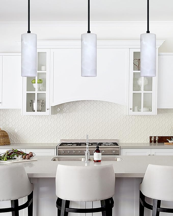 1 Light Modern Industrial Farmhouse Hanging Kitchen Island Pendant Ceiling Light Fixture,Cylinder Natural Alabaster Marble Black Finish Over Sink Restaurant bar Corridor