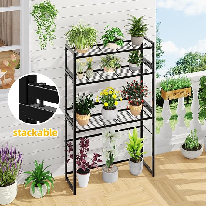 Simple Trending 3 Tier Metal Plant Stand Outdoor Indoor Waterproof, Stackable Heavy Duty Tall Plant Shelf Flower Pot Holder for Garden, Display Rack, Black