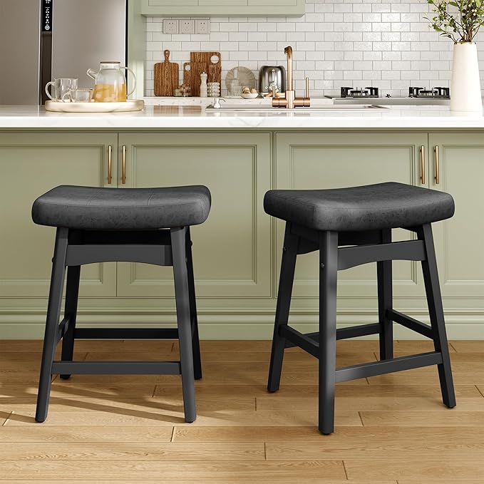 MAISON ARTS Black Counter Height Bar Stools Set of 3 for Kitchen Counter Solid Wood Legs with Faux Leather Saddle Seat Farmhouse Barstools for 34"-38" Counter Island Upholstered Stools, 24in Height