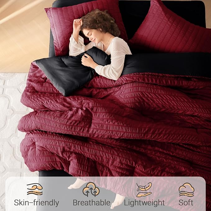 MUXHOMO 5 Pieces Twin Comforter Set, Seersucker Bed in a Bag Twin Size, All Season Luxury Bedding Set with Comforter, Flat Sheet, Fitted Sheet, Pillowcase & Sham, Red & Black