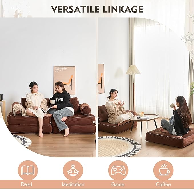 Plus Futon Sofa Bed for Small Spaces, Floor Couch with Armrest, Folding Sofa Couch, Convertible Sleeper Chair Bed with Pillow, Portable Comfy Floor Lounge for Living Room and Bedroom, Brown