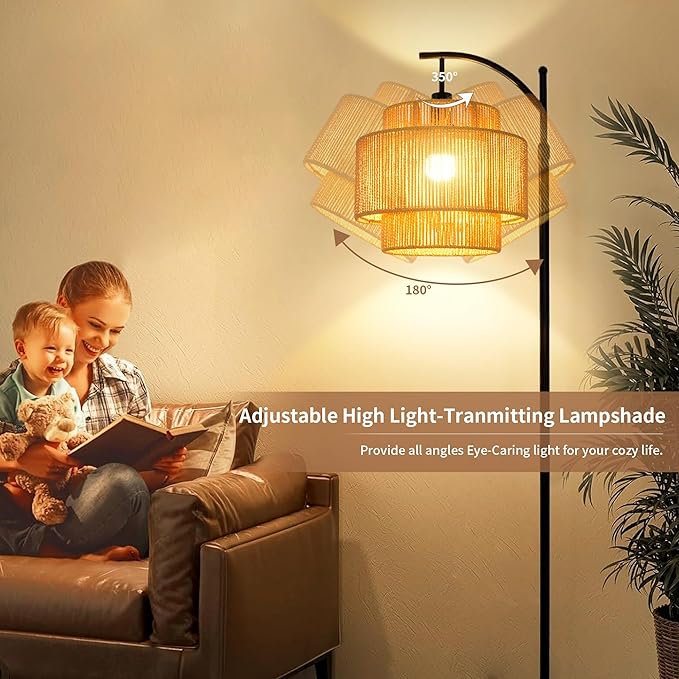 Rattan Floor Lamp for Living Room Bedroom Boho Arc Standing Lamp with Remote Dimmable Black Farmhouse Wicker Bamboo Lamp Shade Floor Light Tall Lamp Industrial Floor Lamps Bohemian Decor