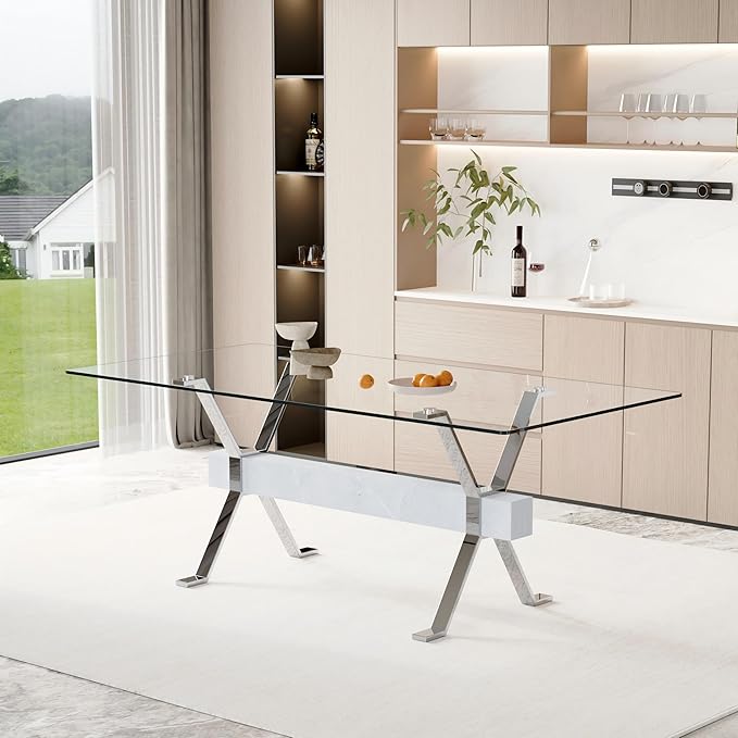 79" Glass Dining Table, Modern Kitchen Table, Modern Dining Table Set for 6, 0.5" Thick Tempered Glass Tabletop with Silver Chrome Metal Legs and Grey Crossbar, Ideal for Dining Room, Kitchen