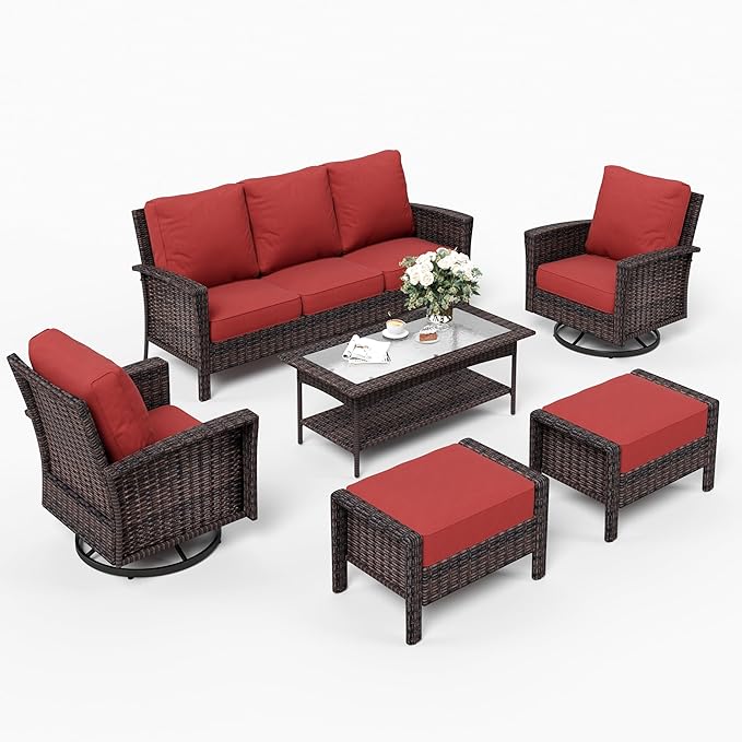 6 Piece Patio Furniture Set with Swivel Chairs, High Back Wicker Rattan Sofa with Extra Thick Cushion, Coffee Table and Ottoman, Outdoor Conversation Set for Backyard Deck,Red