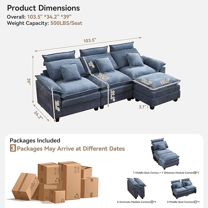 103'' Cloud Modern 3 Seater Couch with Detachable Headrest, Modular Sectional Sofa with Ottoman, Oversized L Shape Chenille Comfy Sofa with Armrests for Living Room, Blue