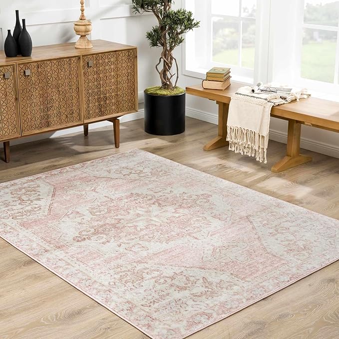 Blush & Light Pink Collection Snead Bohemian Oriental Medallion Area Rug - Traditional Floral Carpet for Living Room, Bedroom - Blush, Pale Pink, Cream - 5'3" Square