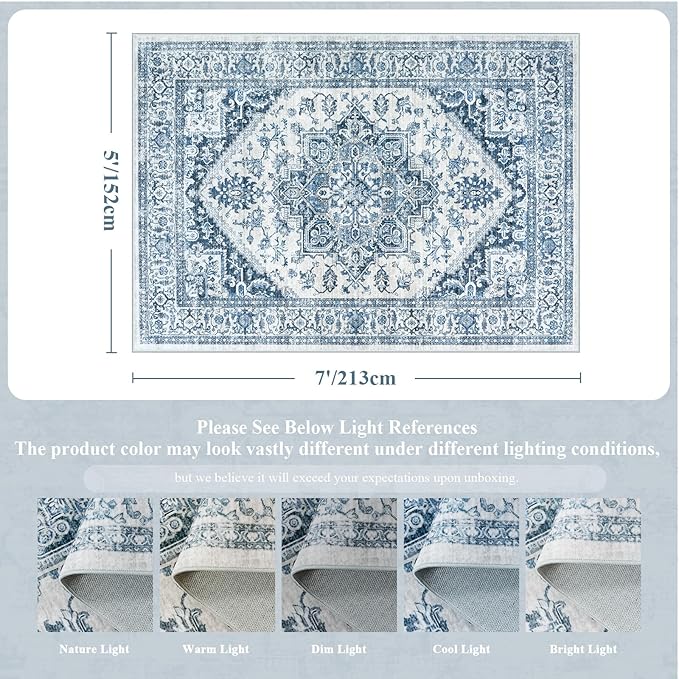 LIVEBOX Blue Washable Area Rug 5x7 - Large Vintage Tribal Living Room Non-Slip Indoor Carpet for Bedroom, Low-Pile Retro Print Distressed Accent for Nursery Entryway Office