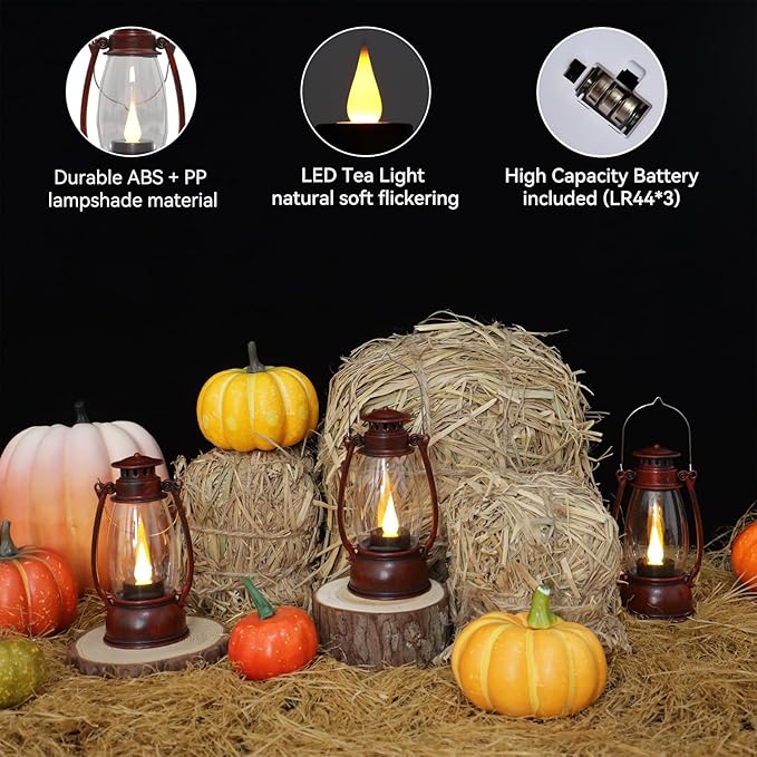 Red Painted Mini Lanterns 6-Pack - LED Flickering Candle Lanterns for Christmas & New Year, Valentine's, Wedding, Halloween & Western Party Decor, Table Centerpieces & Cowgirl Party Supplies