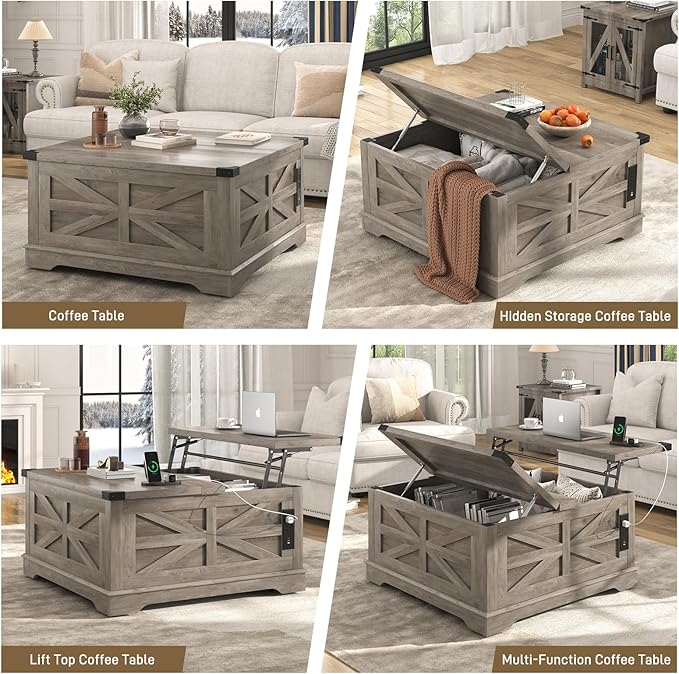 36" Farmhouse Movable Lift Top Coffee Table with Storage and Power Outlets, Square Wood Living Room Tables with Wheels&Large Hidden Space, Lift Wooden Barn Door Center Table, Grey