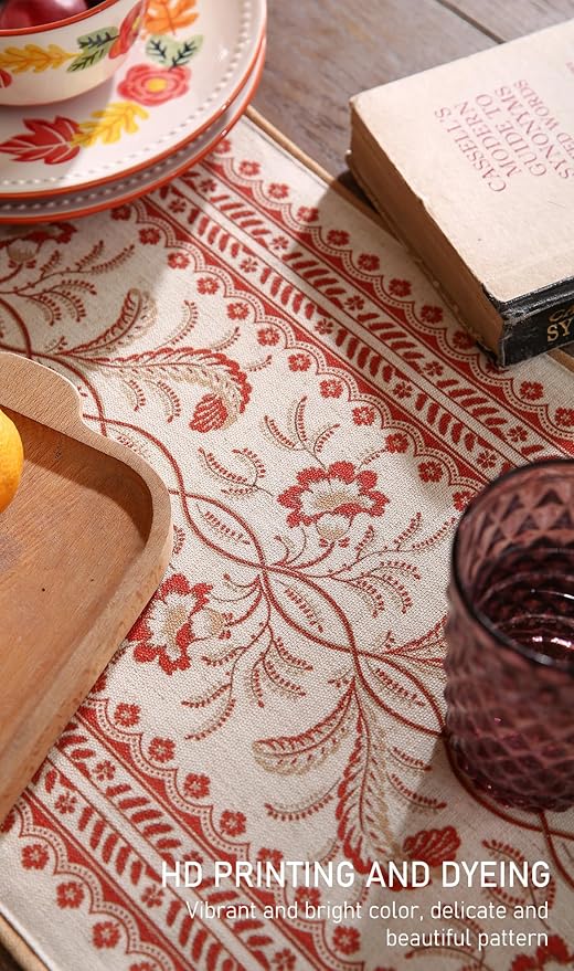 ISAENNE Designer Vintage Linen Extra Long Table Runner 118 Inches,Red Floral Pattern Modern Decor Table Runners for Dining Tables,Thanksgiving,Kitchen Tables,Christmas,Banquet,12"*118"-Chamonix A