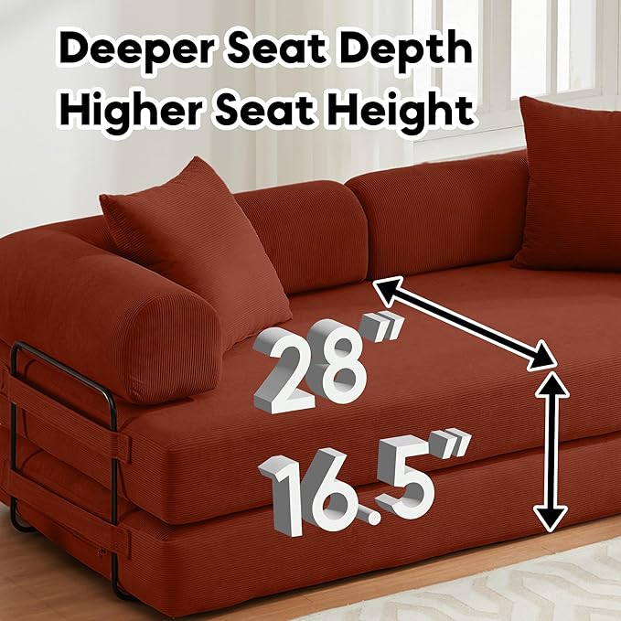 Convertible Sleeper Sofa Bed with Cylindrical Pillow, Corduroy Folding Boneless Couch with Fixed-Shape Frame, Floor Sofa Lounge Couch for Living Room Bedroom Lounge Studio-Ancora Red